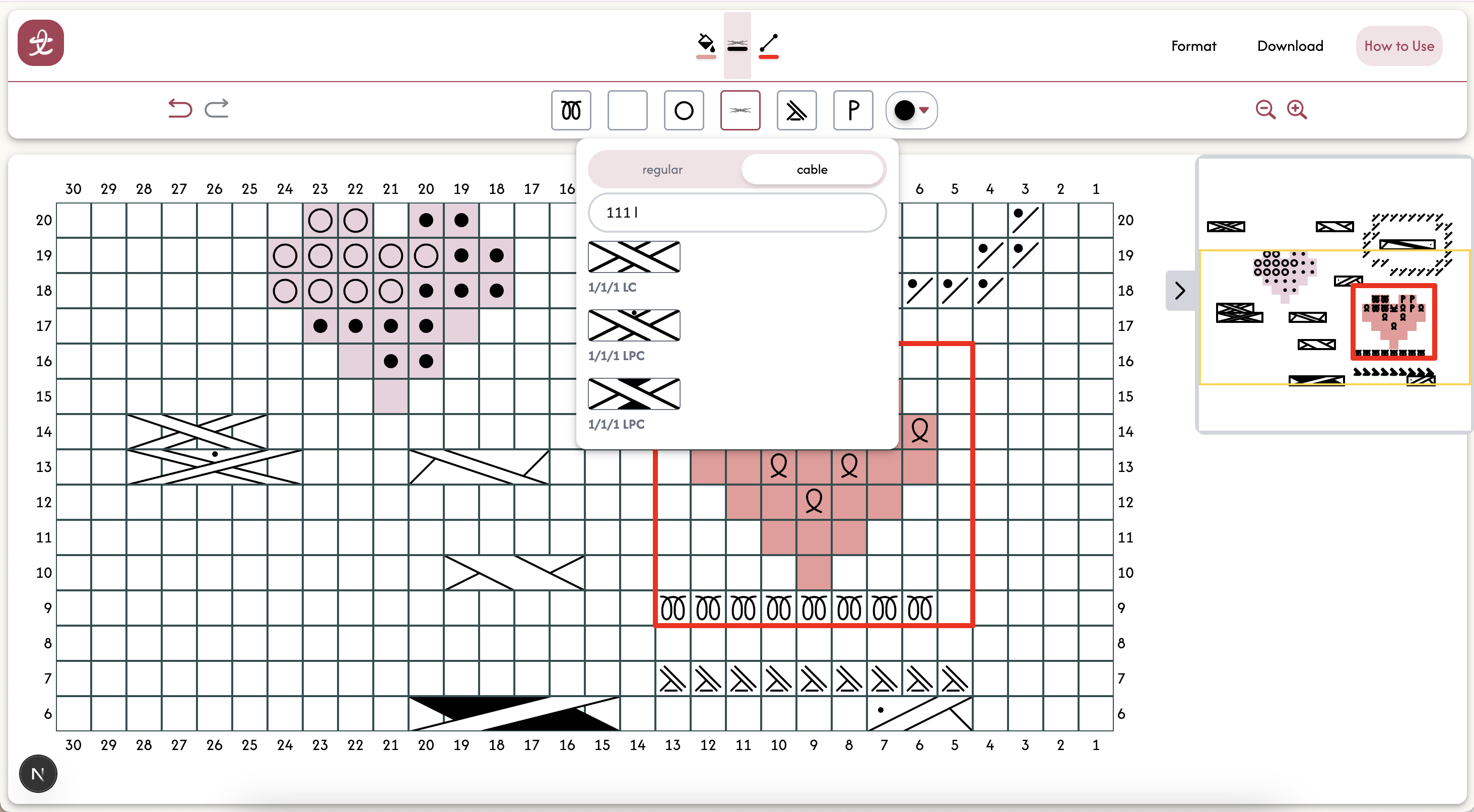Example usage of the knitting chart maker editor after a feature update