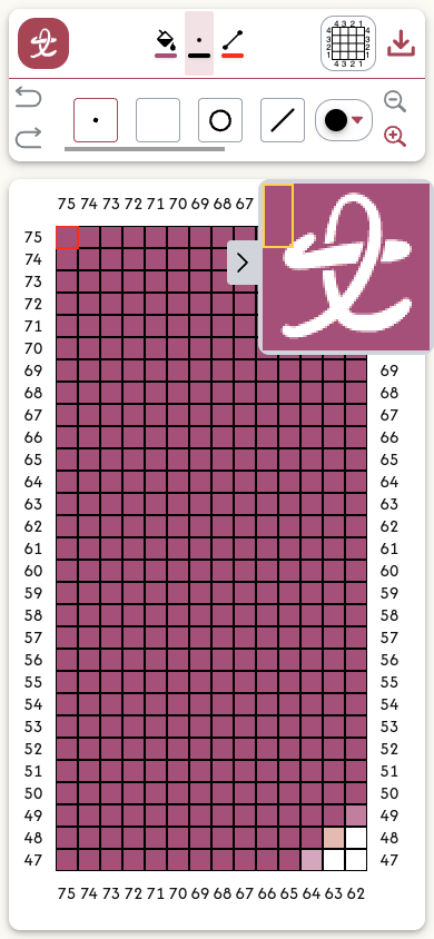 Knitting chart generator interface displayed on a mobile phone screen