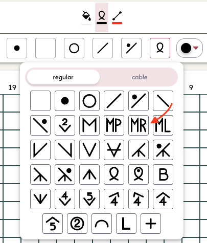 Select the right-slanting make-1 (M1R) stitch symbol from the expanded stitch palette.