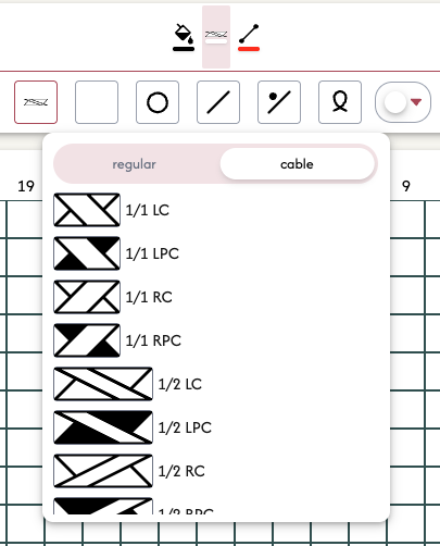 Select 'cable' in the expanded toolbar to view cable stitch options