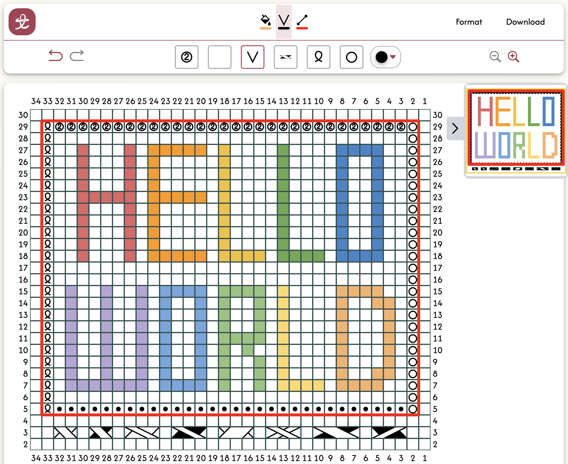 Example usage of the knitting chart maker editor